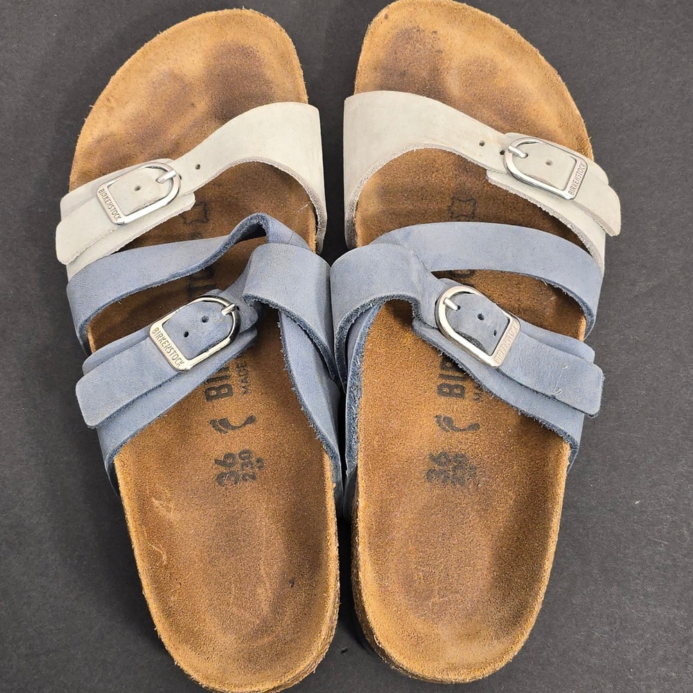 Birkenstock Franca Sandals Blue White Leather Buckle Slide Womens 36 EU 5 US - Picture 8 of 16